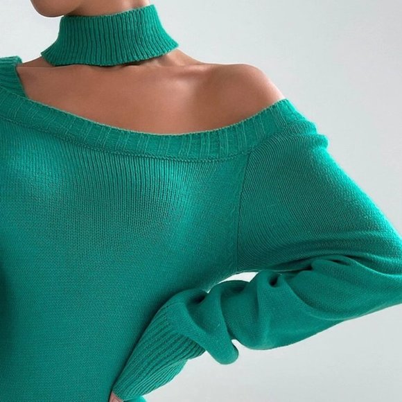 GREEN COLLAR NECK RIBBED KNIT SWEATER DRESS - Picture 6 of 6